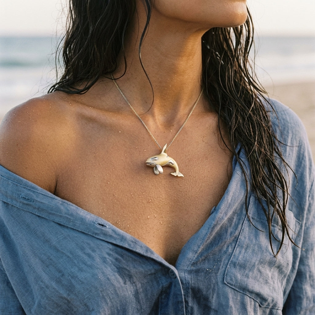 14k 40mm 2/tone (White and Yellow) Killer Whale Pendant with 2 Diamonds — worn on model (brunette, view 3)