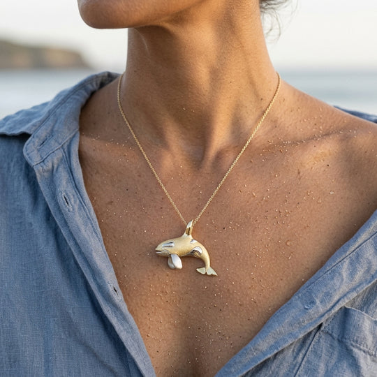 14k 40mm 2/tone (White and Yellow) Killer Whale Pendant with 2 Diamonds