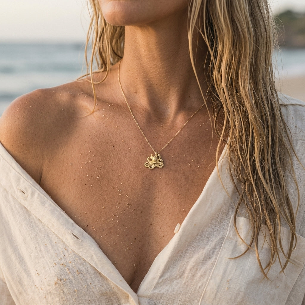 14k 21mm Octopus Pendant with 2 Diamonds — worn on model (blonde, view 3)