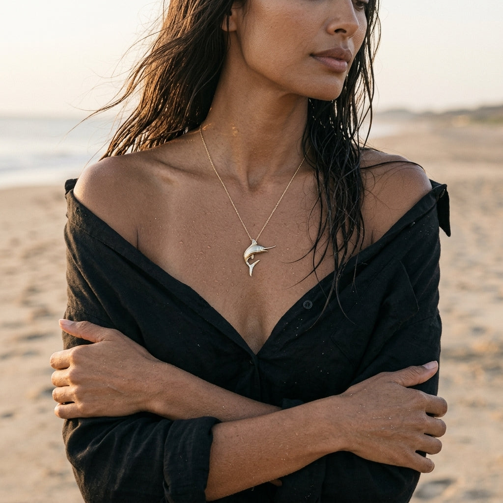 14k 2/tone 40mm Blue Marlin Pendant with 2 Diamonds — worn on model (brunette, view 1)