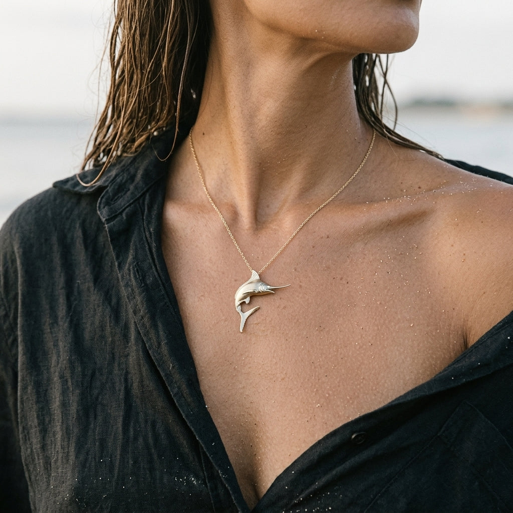 14k 2/tone 40mm Blue Marlin Pendant with 2 Diamonds — worn on model (brunette, view 3)