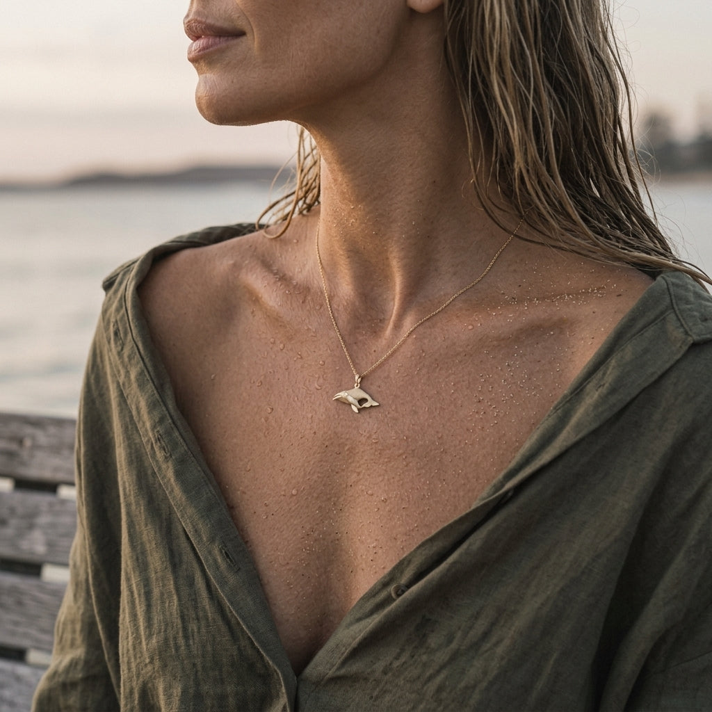 14k 23mm Whale "Humpback Single" Pendant — worn on model (blonde, view 3)