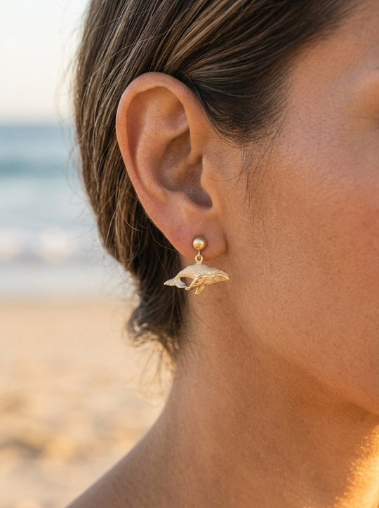 14k 23mm Whale "Humpback Single" Earrings with 2 Diamonds