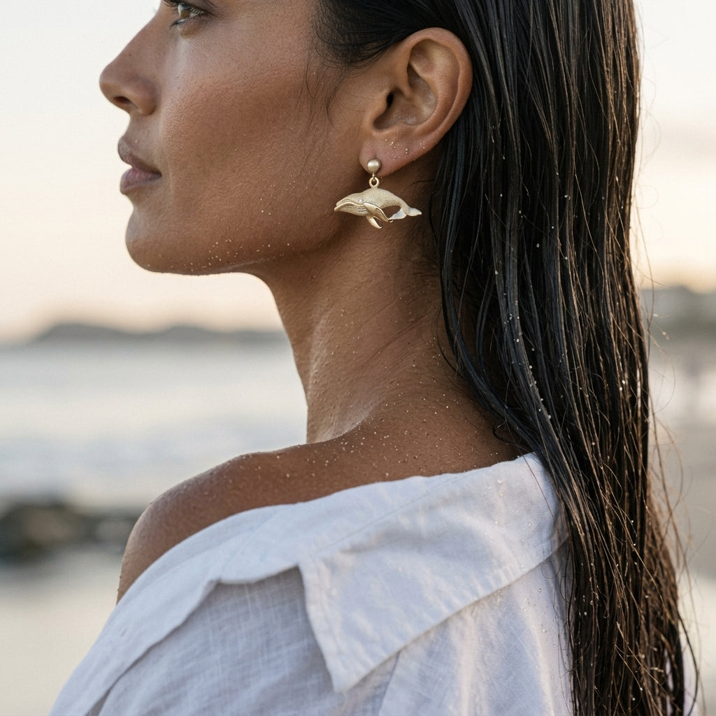 14k 23mm Whale "Humpback Single" Earrings with 2 Diamonds — worn on model (brunette, view 3)