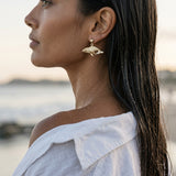 14k 23mm Whale "Humpback Single" Earrings with 2 Diamonds — worn on model (brunette, view 3)
