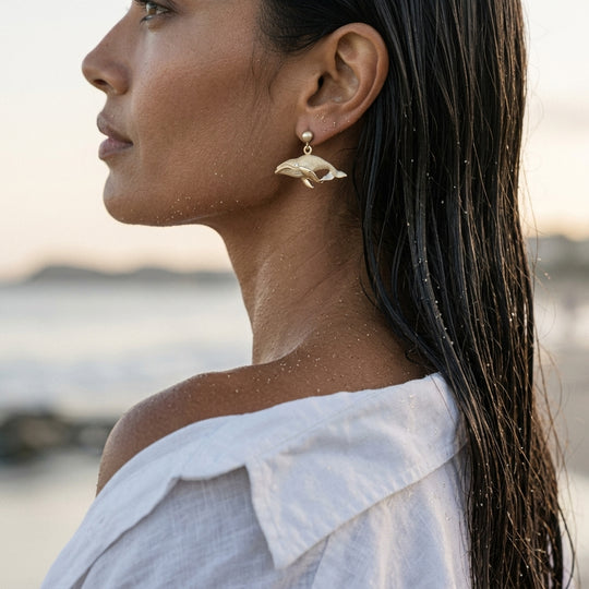14k 23mm Whale "Humpback Single" Earrings with 2 Diamonds