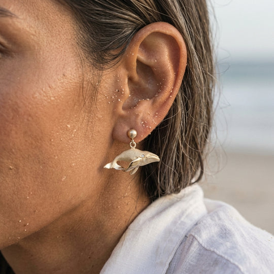 14k 23mm Whale "Humpback Single" Earrings with 2 Diamonds