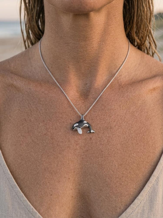 14k 20mm 2/tone (Black and White) Killing Whale Pendant with 2 Diamonds