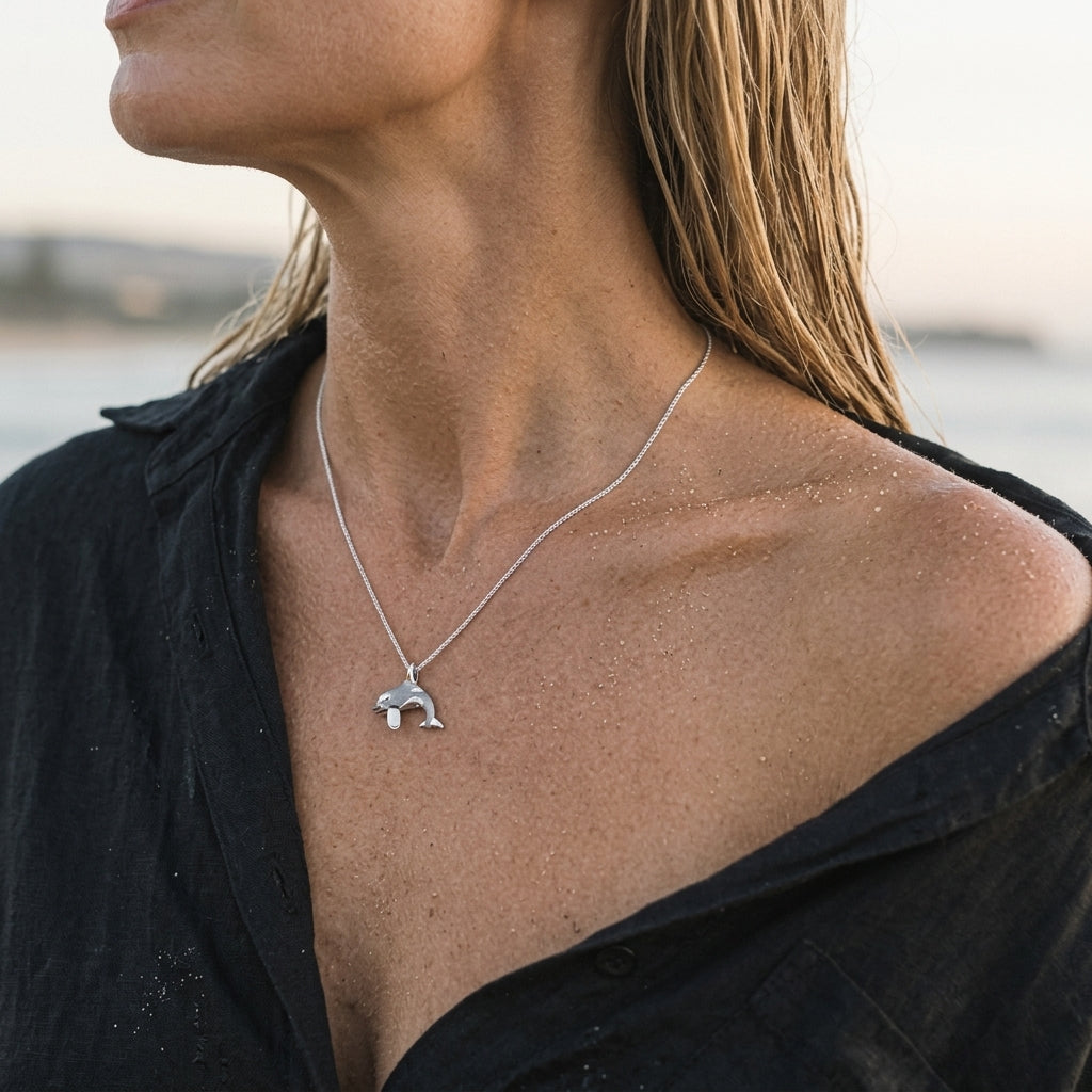 14k 20mm 2/tone (Black and White) Killing Whale Pendant with 2 Diamonds — worn on model (blonde, view 3)