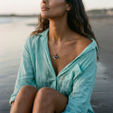 14k 40mm 2/tone (Black and White) Killing Whale Pendant with 2 Diamonds — worn on model (brunette, view 2)