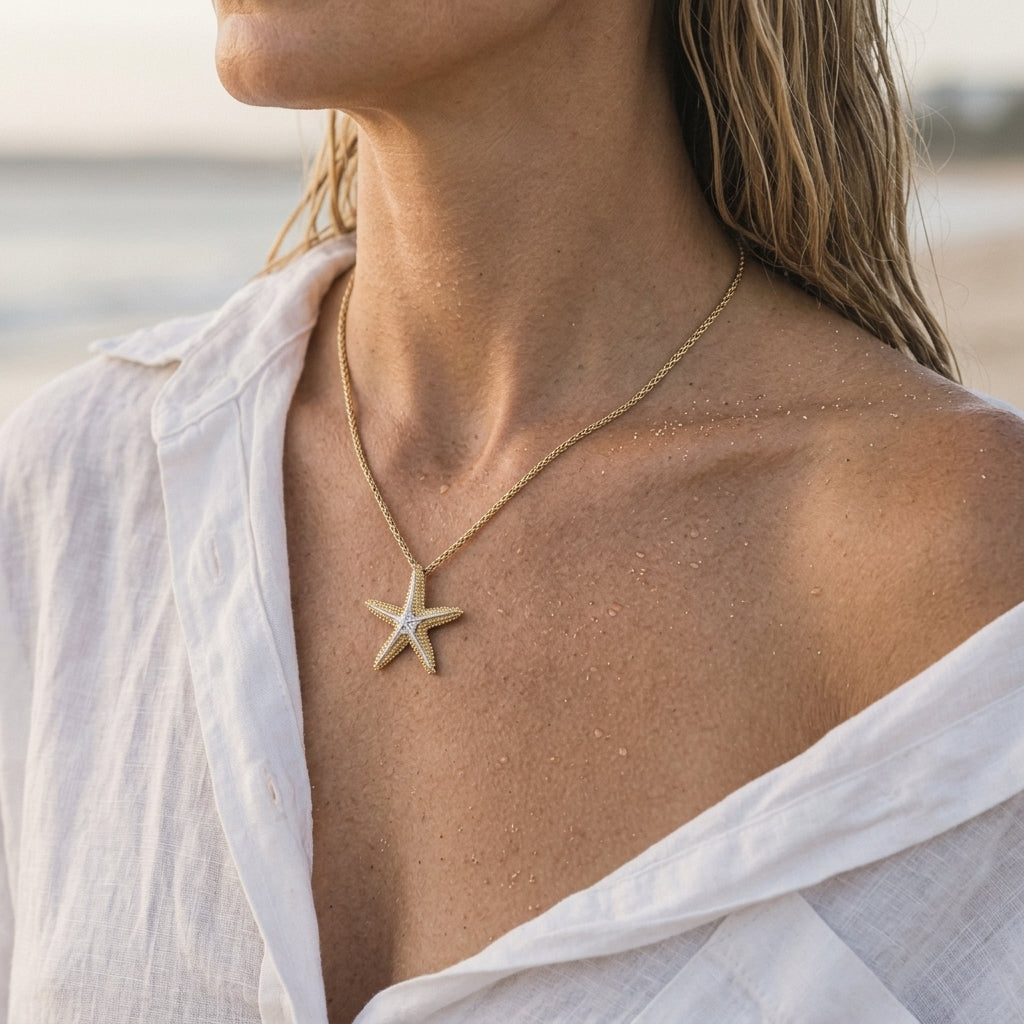 14k 21mm Starfish Pendant with 5 Diamonds — worn on model (blonde, view 3)