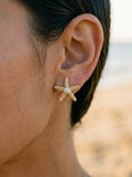 14k 21mm Starfish Earrings with 10 Diamonds — close-up on model