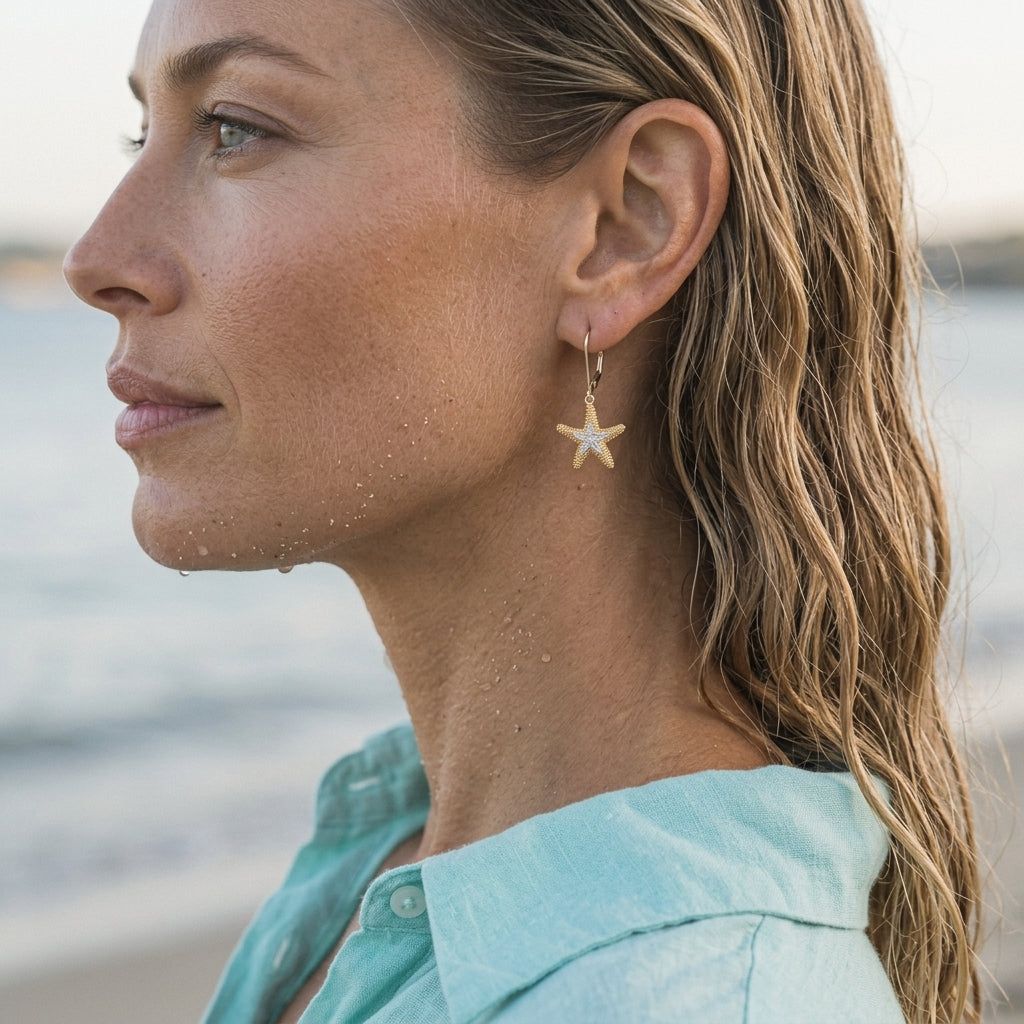 14k 16mm Starfish Earrings with Dangle Lever Back — worn on model (blonde, view 3)