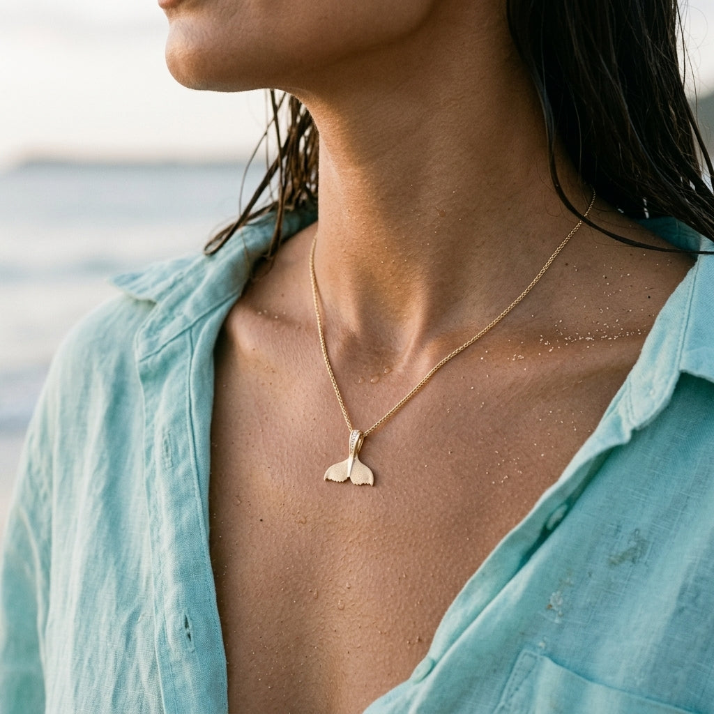 14k 21mm Whale Saw Tail Pendant with 5 Diamonds — worn on model (brunette, view 3)