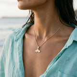 14k 21mm Whale Saw Tail Pendant with 5 Diamonds — worn on model (brunette, view 3)