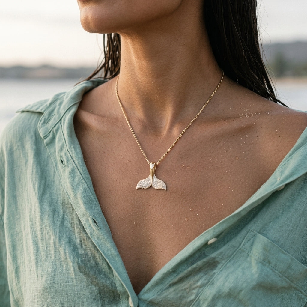 14k 20mm Whale Saw Tail Pendant — worn on model (brunette, view 3)
