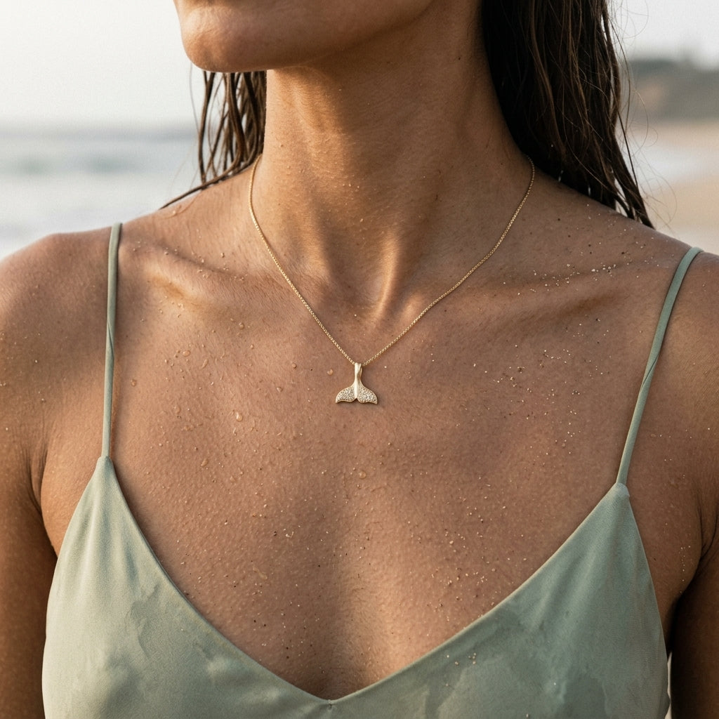 14k 16mm Whale Saw Tail Pendant — worn on model (brunette, view 3)