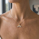 14k 15mm Whale Tail Pendant with 8 diamonds — worn on model (blonde, view 2)