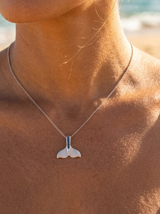 14k 20mm Whale Tail Pendant with 6 Blue Diamonds