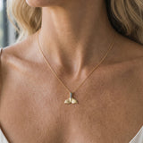 14k 20mm Whale Tail Pendant with 6 Blue Diamonds — worn on model (blonde, view 2)