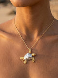 14k 2/tone 30mm Sea Turtle Pendant with 2 Diamonds — close-up on model