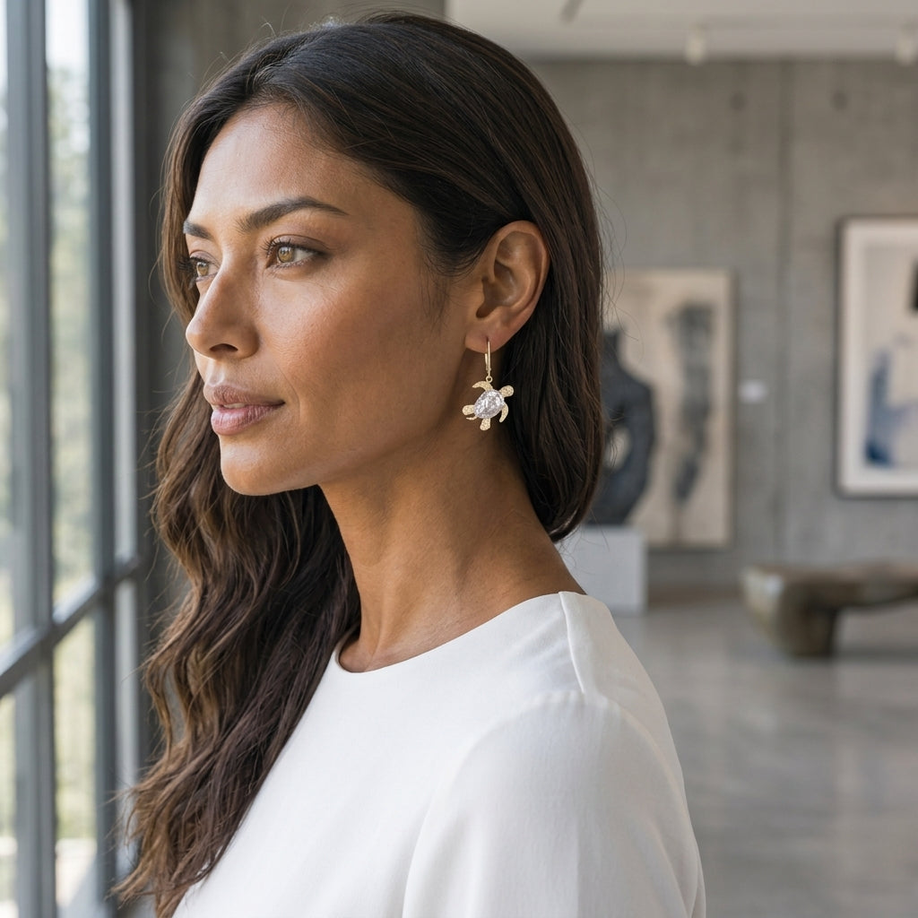 14k 2/tone 20mm Sea Turtle Earring with 4 Diamonds — worn on model (brunette, view 2)