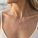 14k "Hawaiian Petroglyph" Honus Pendant with 9 White Sapphires — worn on model (blonde, view 4)