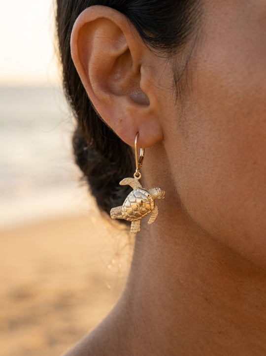 14k 20mm Sea Turtle Earrings with 4 Diamonds