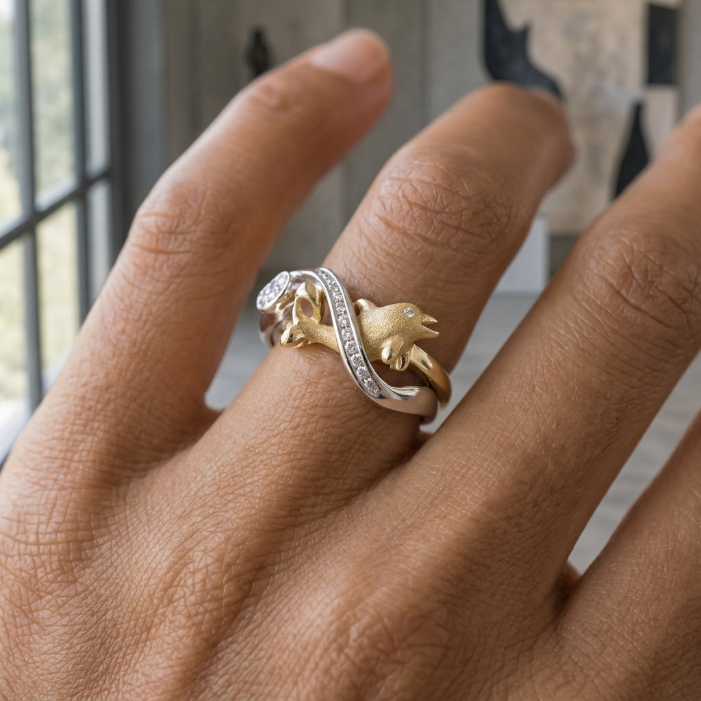 14k 2/tone Dolphin Ring "Surfing Single" with Channel Set Band — worn on model (brunette, view 2)