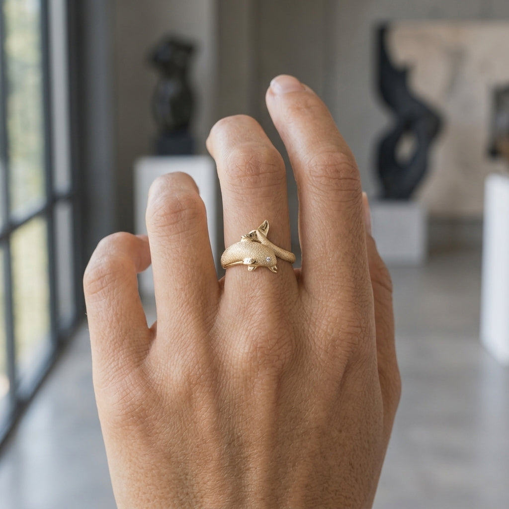 14k 20mm "Jumping Single" Dolphin Ring with 0.01 carat diamond — worn on model (blonde, view 2)