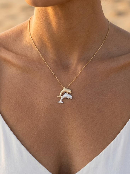 14k 20mm "Jumping Couple" Dolphin Pendant with 2 diamonds