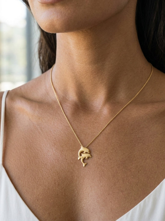 14k 15mm "Jumping Couple" Dolphin Pendant with 2 diamonds
