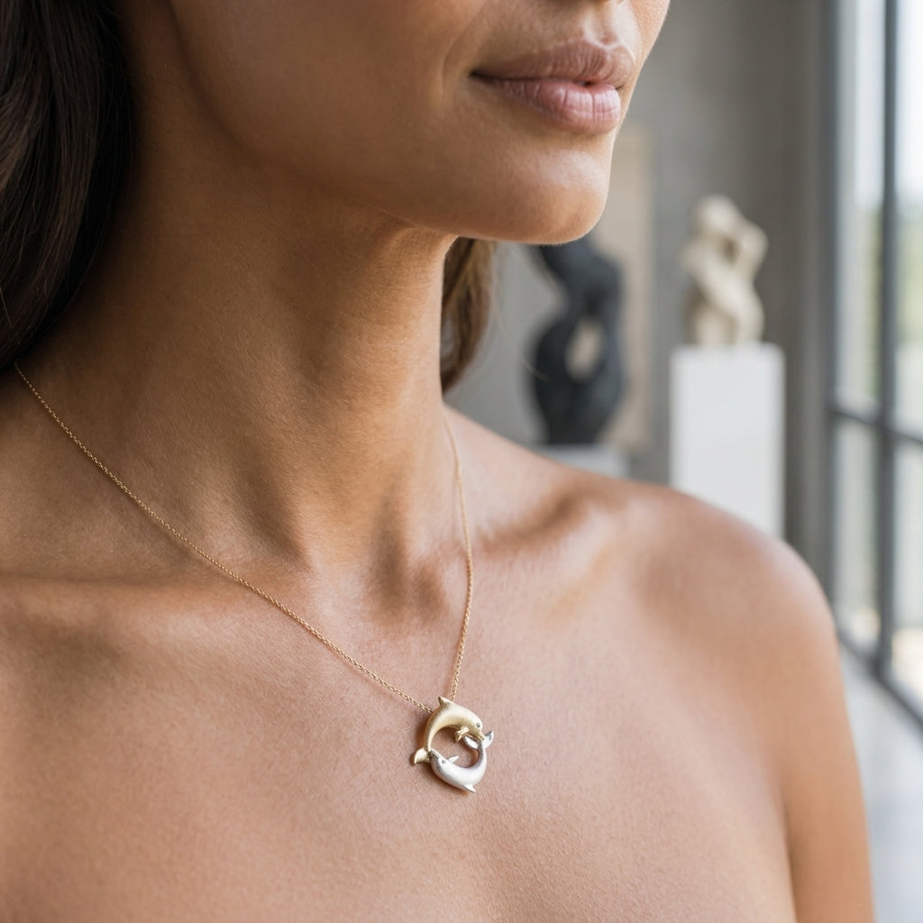 14k 20mm "Chasing Couple" Dolphin Pendant with 2 diamonds — worn on model (brunette, view 2)