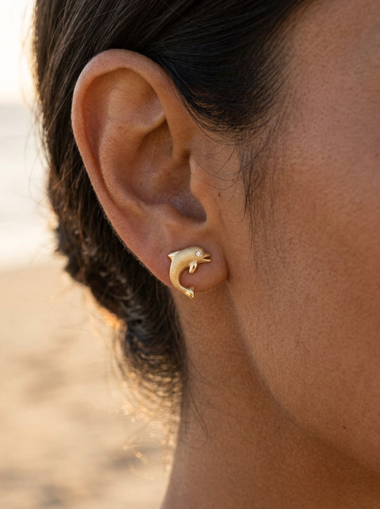 14k Stud Dolphin Earrings with 0.02 Carat Diamonds