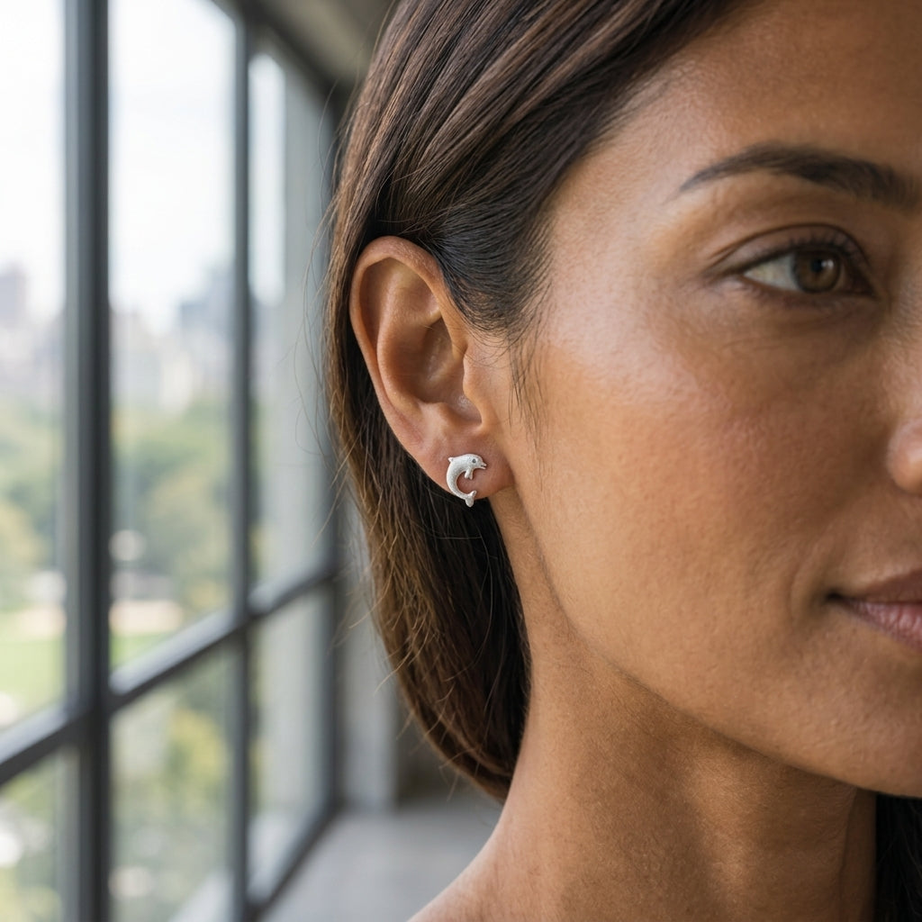 14k 15mm "Jumping Single" Dolphin Stud Earrings with 2 blue diamonds — worn on model (brunette, view 2)