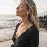 Precious Silver 20mm "Jumping Single" Dolphin Earrings with 2 Diamonds — worn on model (blonde, view 2)