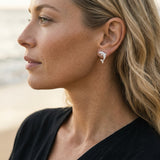 Precious Silver 20mm "Jumping Single" Dolphin Earrings with 2 Diamonds — worn on model (blonde, view 3)