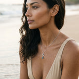10mm Precious Silver 18k "Dancing Couple" Dolphin Pendant — worn on model (brunette, view 2)
