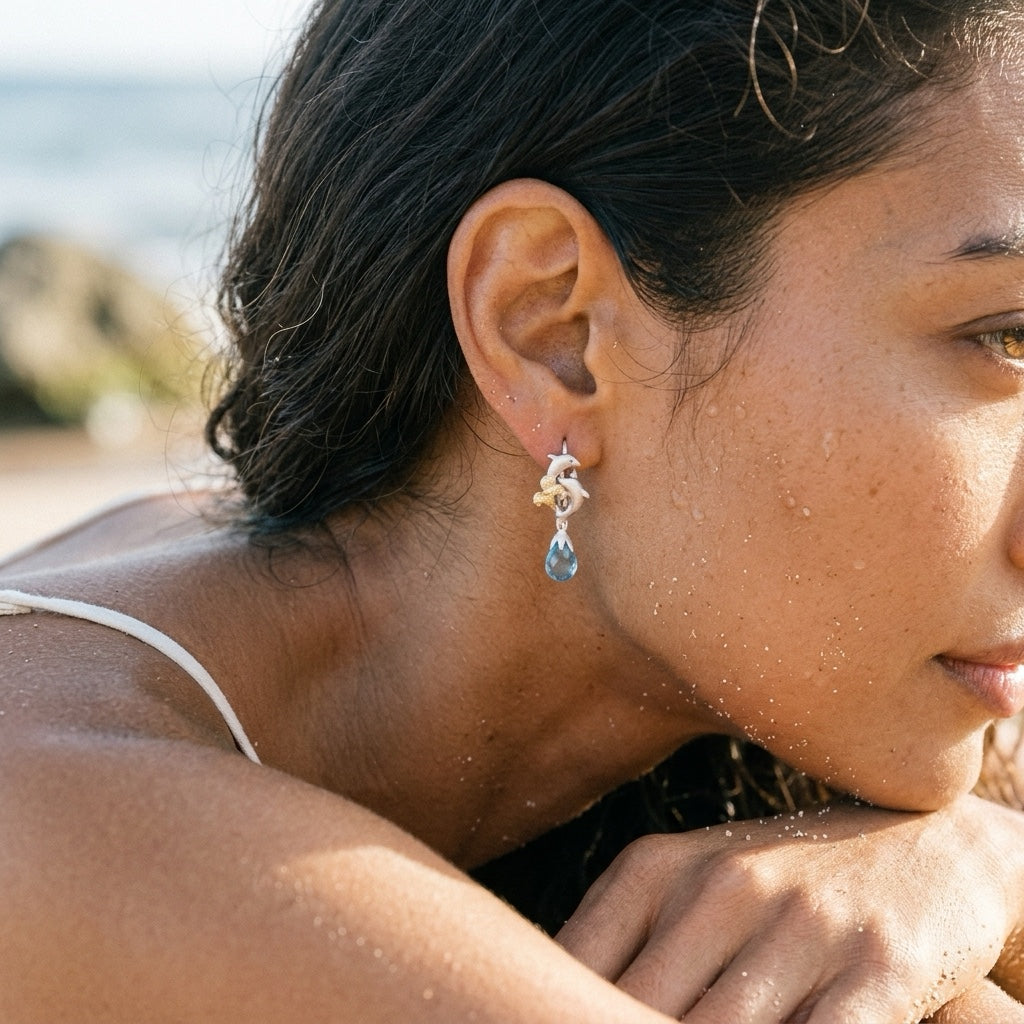 18k Precious Silver "Dancing Couple" Dolphin Leverback Earring — worn on model (brunette, view 3)