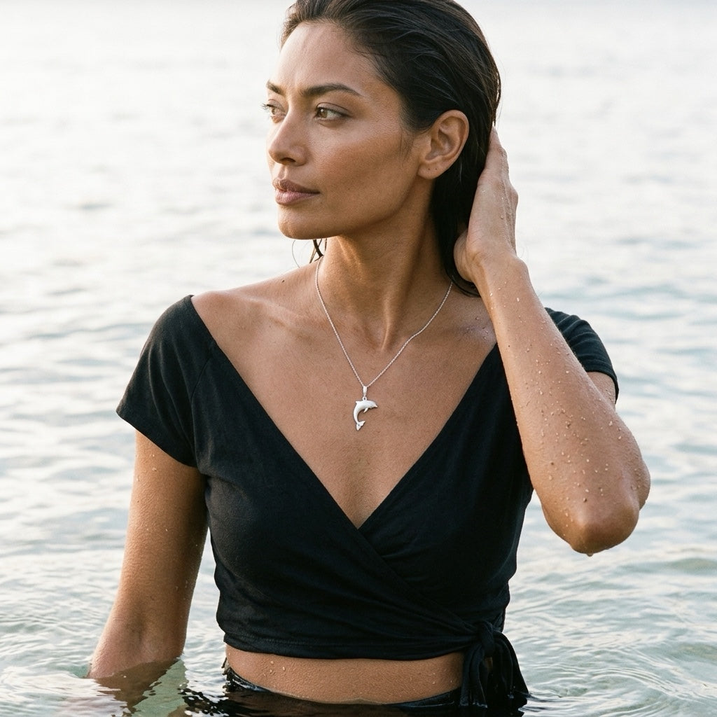 Precious Silver 28mm "Jumping Single" Dolphin Pendant — worn on model (brunette, view 1)