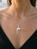 Precious Silver 28mm "Jumping Single" Dolphin Pendant — close-up on model