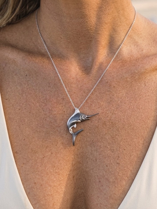Precious Silver 40mm Blue Marlin Pendant with 2 Diamonds