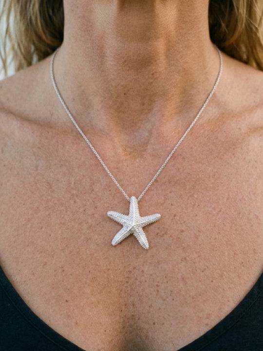 Precious Silver 32mm Starfish Pendant with 20 White Sapphire