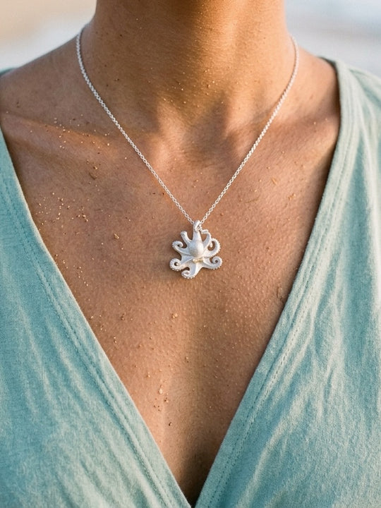 Precious Silver/18k 21mm Octopus Pendant with 2 Diamonds