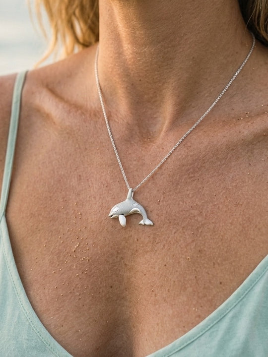 Precious Silver 2/tone 20mm Orca Pendant with 2 Diamonds