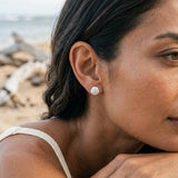 12mm Precious Silver Sand Dollar Earring with 20 White Sapphires — worn on model (brunette, view 3)