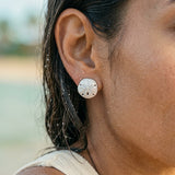 12mm Precious Silver Sand Dollar Earring with 20 White Sapphires — worn on model (brunette, view 4)