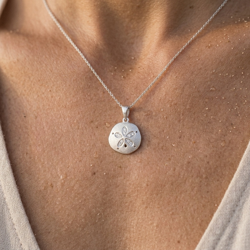 12mm Precious Silver Sand Dollar Pendant with 10 White Sapphires — worn on model (blonde, view 4)