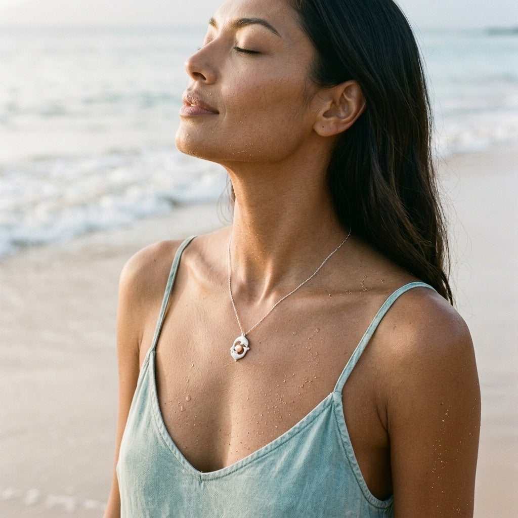 Precious Silver 15mm "Chasing Couple" Dolphin Pendant — worn on model (brunette, view 1)