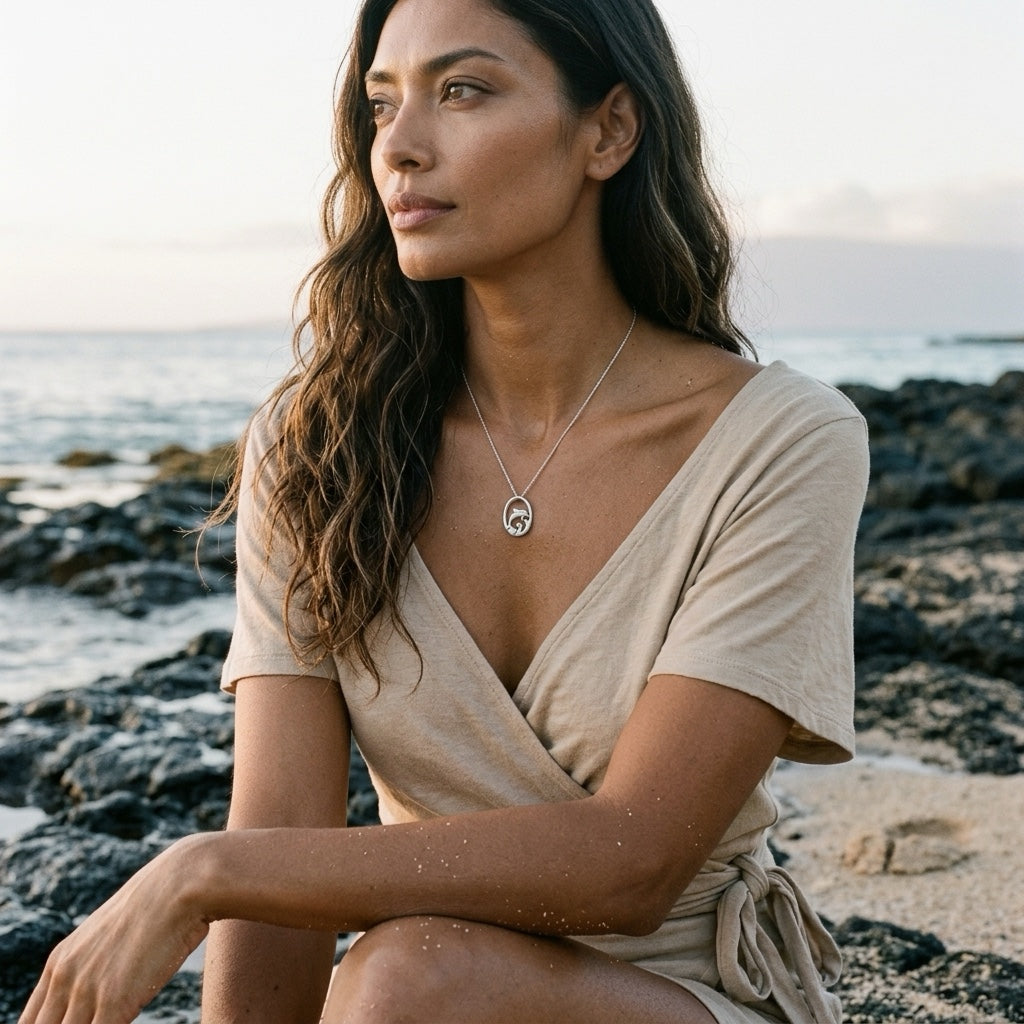 Precious Silver 15mm Dolphin Pendant — worn on model (brunette, view 1)